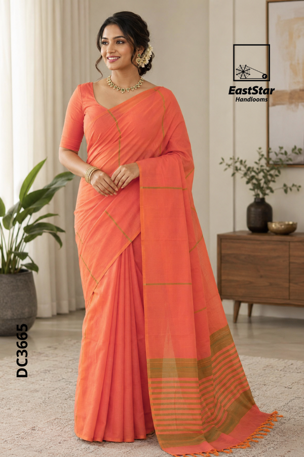 Peach-Orange Handloom cotton Saree DC3665 Peach-Orange Handloom cotton Saree DC3665