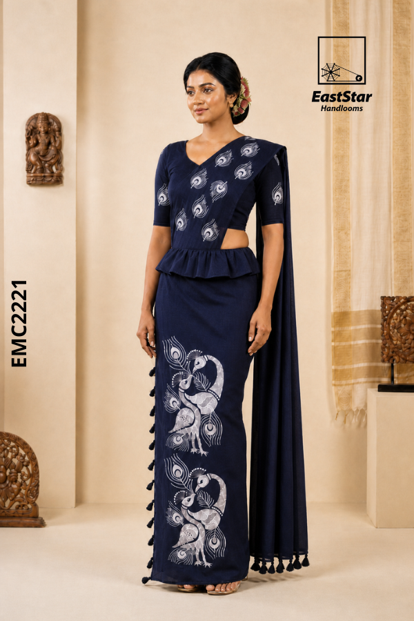 Dark Grey Handloom Embroidery cotton Saree EMC2221