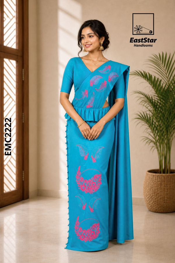 Teal Blue Handloom Embroidery cotton Saree EMC2222