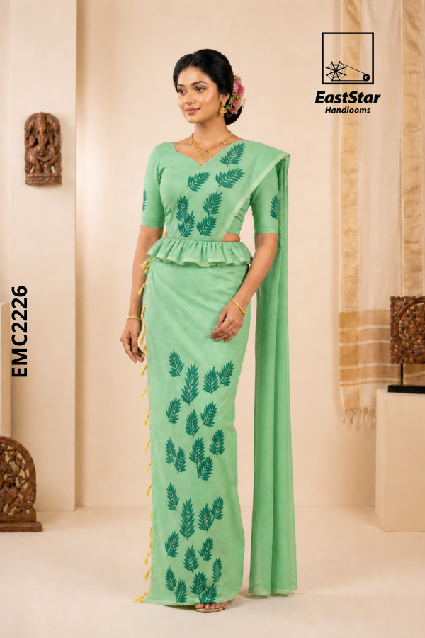 Light Green Base  Handloom Embroidery cotton Saree EMC2226