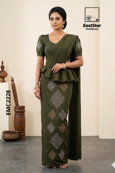 Deep Olive Green Embroidery cotton Saree EMC2228