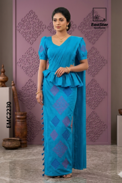 Turquoise-Blue  Embroidery cotton Saree EMC2230