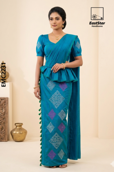 Peacock Blue Embroidery cotton Saree EMC2231