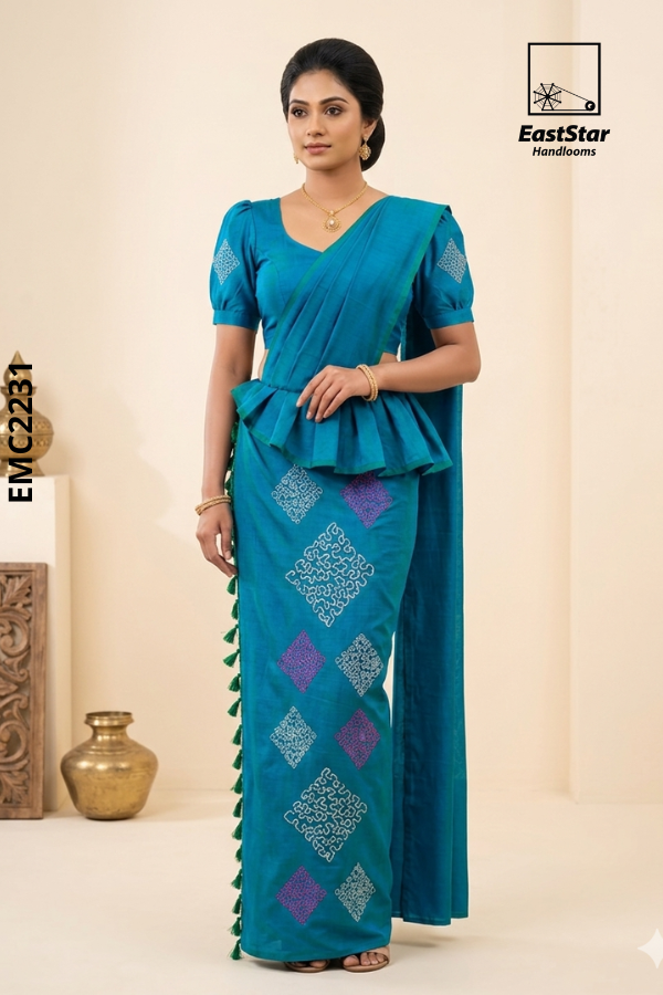 Peacock Blue Embroidery cotton Saree EMC2231 Peacock Blue Embroidery cotton Saree EMC2231