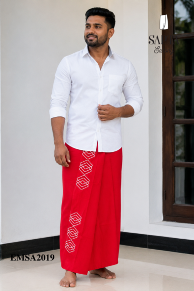Red SAPTA Handloom  Embroidery Cotton Sarong EMSA2019
