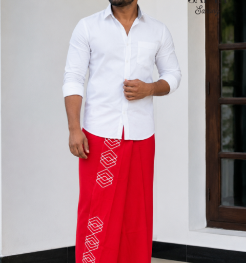Red SAPTA Handloom  Embroidery Cotton Sarong EMSA2019