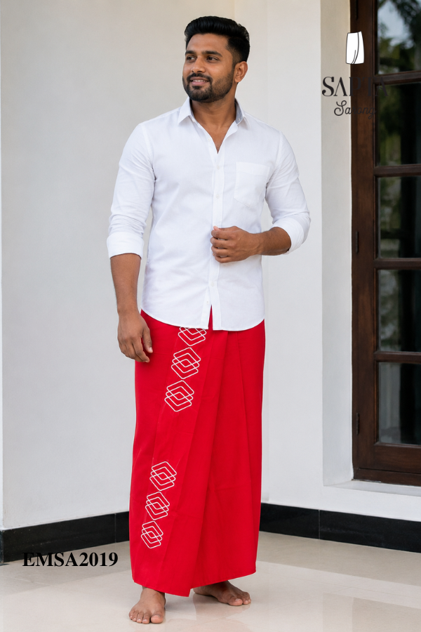 Red SAPTA Handloom  Embroidery Cotton Sarong EMSA2019