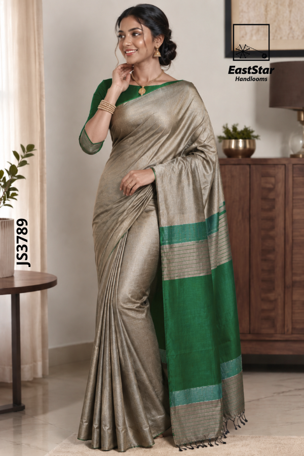 Metallic Beige Handloom Silk Saree JS3789