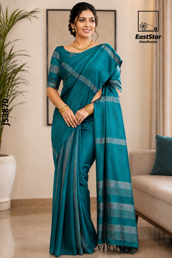 Peacock Teal Green Handloom Silk Saree JS3870 Peacock Teal Green Handloom Silk Saree JS3870