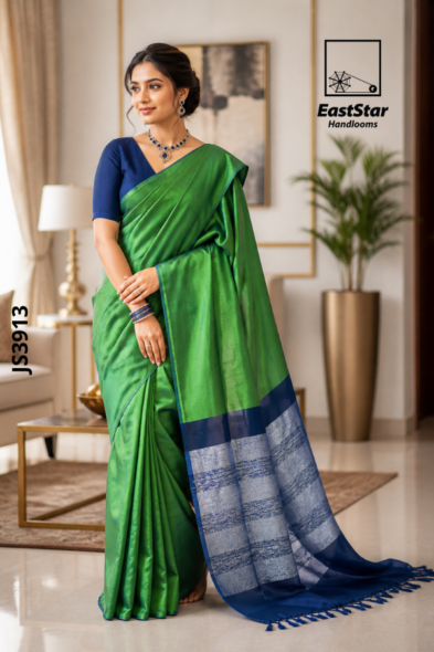 Green And Deep Navy Blue  Handloom Silk Saree JS3913