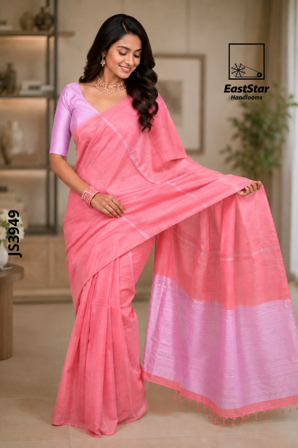 Coral Pink Handloom Silk Saree JS3949 Coral Pink Handloom Silk Saree JS3949