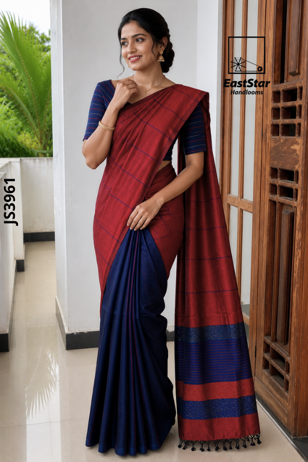 Red With Navy Blue Handloom Silk Saree JS3961
