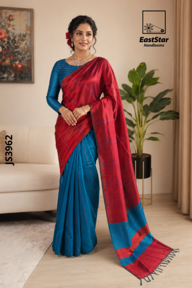Red And Peacock Blue Handloom Silk Saree JS3962