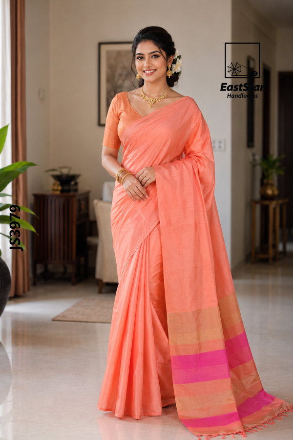 Peach-Coral Handloom Silk Saree JS3979