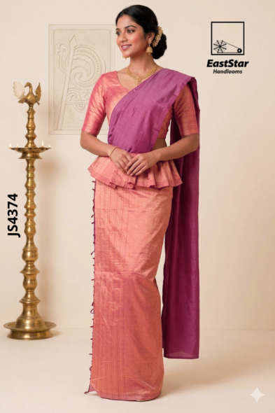 Onion Pink and  soft peach gold Handloom Silk Saree JS4374