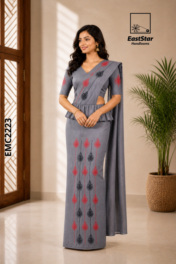Ash Grey Handloom Embroidery cotton Saree EMC2223