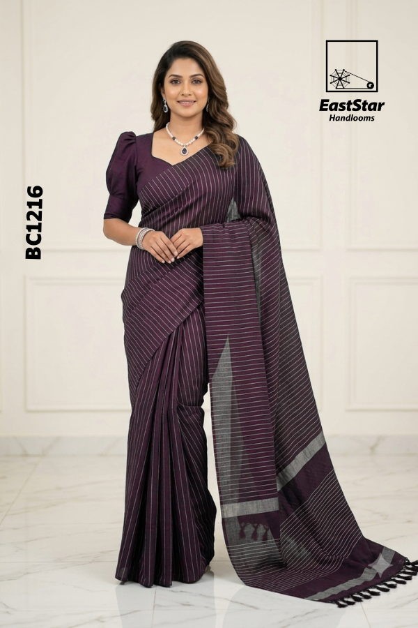 Deep Plum  Handloom Cotton  Saree BC1216