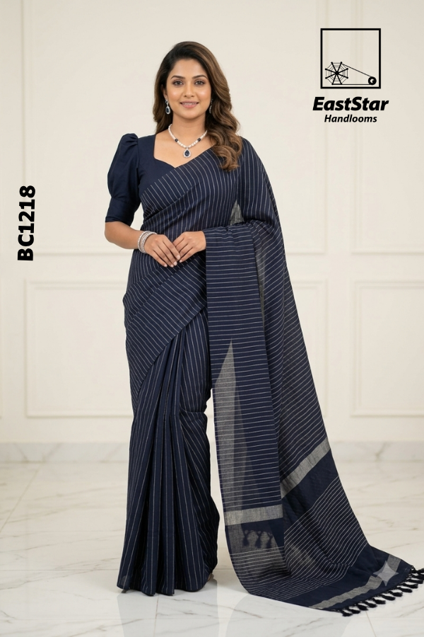 Navy Blue Handloom Cotton  Saree BC1218