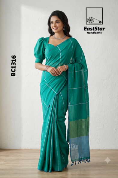 Teal Green Handloom Cotton Saree BC1316
