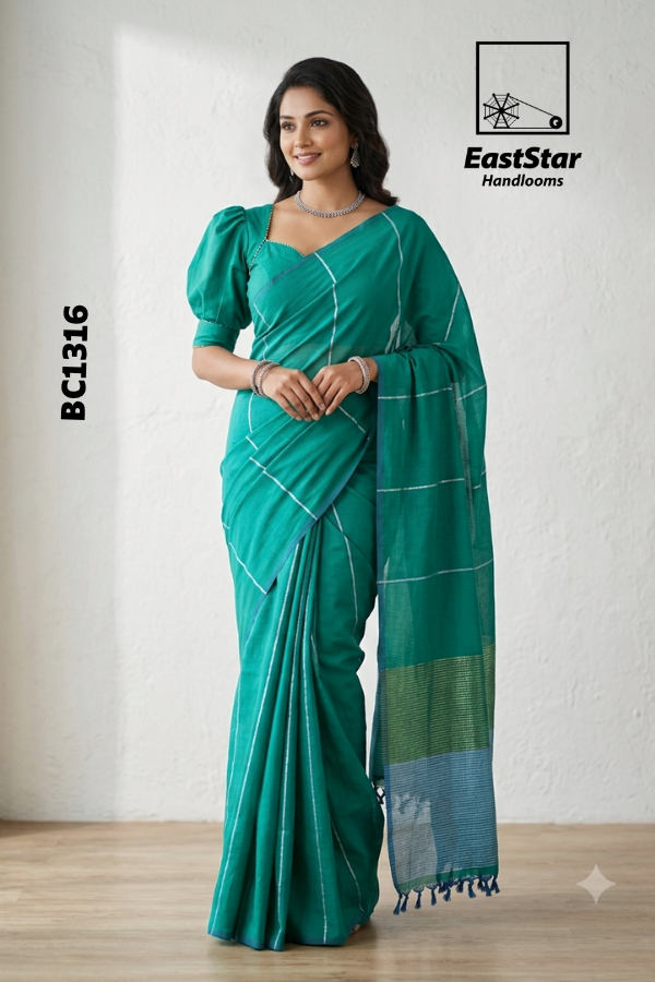 Teal Green Handloom Cotton Saree BC1316