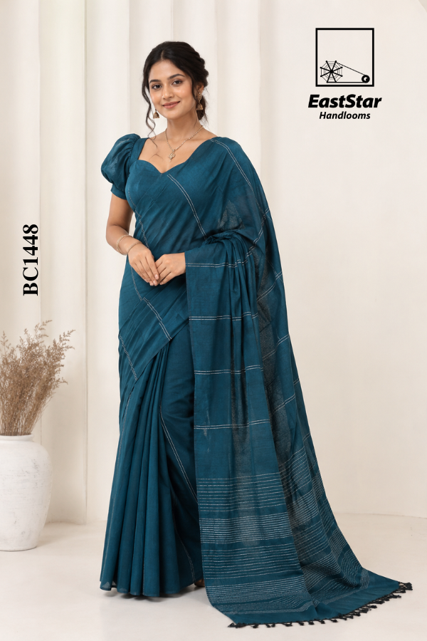 Deep Teal Blue Handloom Cotton Saree BC1448 Deep Teal Blue Handloom Cotton Saree BC1448