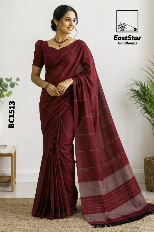 Deep Maroon Handloom Cotton Saree BC1513