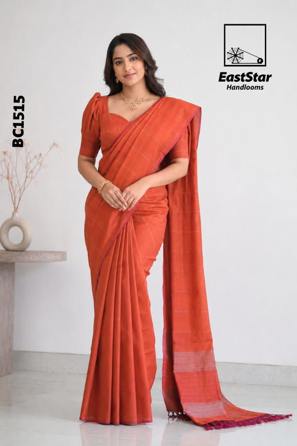 Burnt Orange Handloom Cotton Saree BC1515