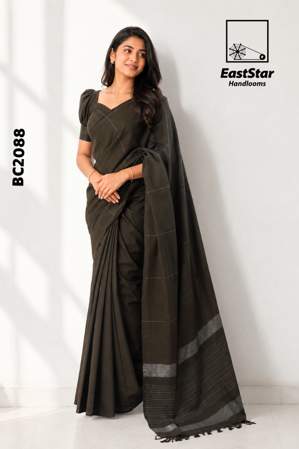 Dark Olive Green Handloom Cotton  Saree BC2088