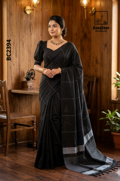 Black  Handloom Cotton Saree BC2394
