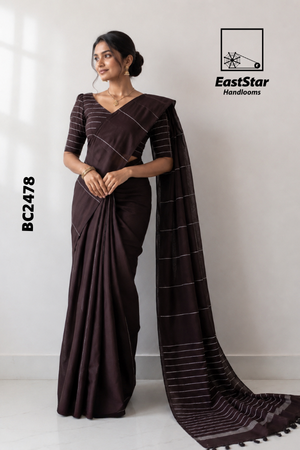 Deep Coffee Brown Handloom Cotton Saree BC2478