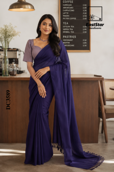 Dark Purple Blue Handloom Cotton Saree DC3589