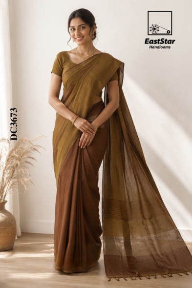 Olive Brown Handloom Cotton Saree DC3673