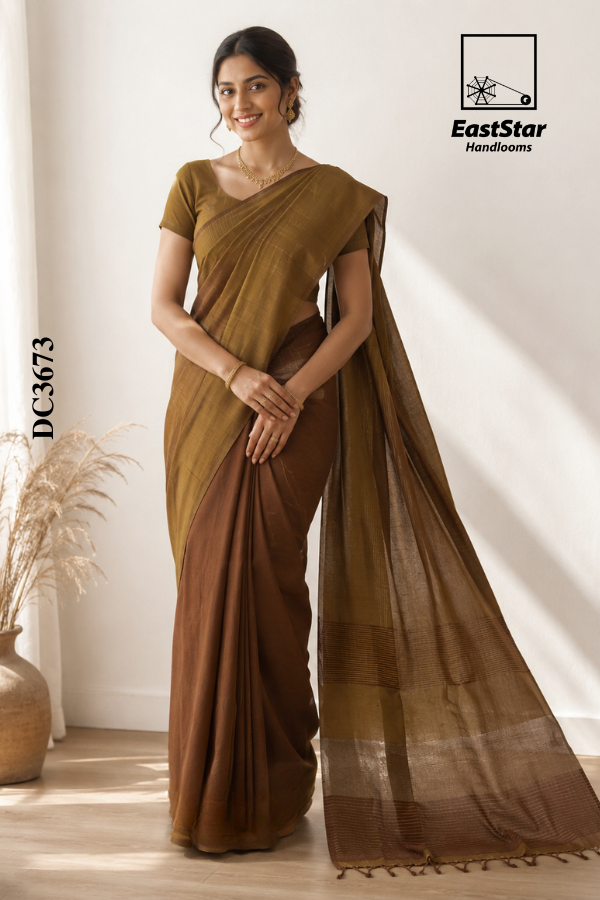 Olive Brown Handloom Cotton Saree DC3673