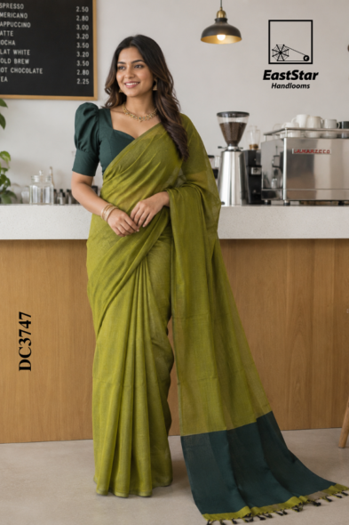 Olive Green Handloom Cotton Saree DC3747