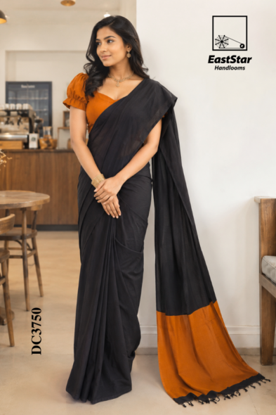 Black coffee Brown Handloom Cotton Saree DC3750