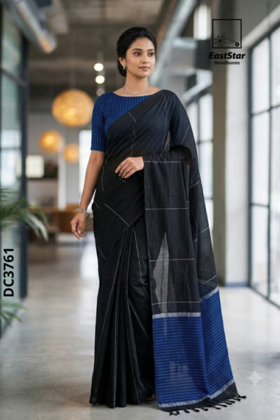 Black  Handloom cotton Saree DC3761
