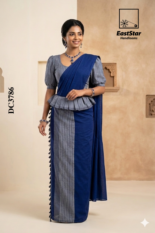 Deep Royal Blue Handloom Cotton Saree DC3786
