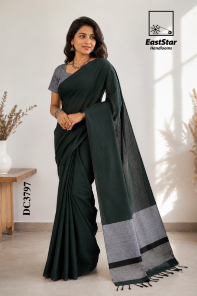 Deep Forest Green Handloom Cotton Saree DC3797