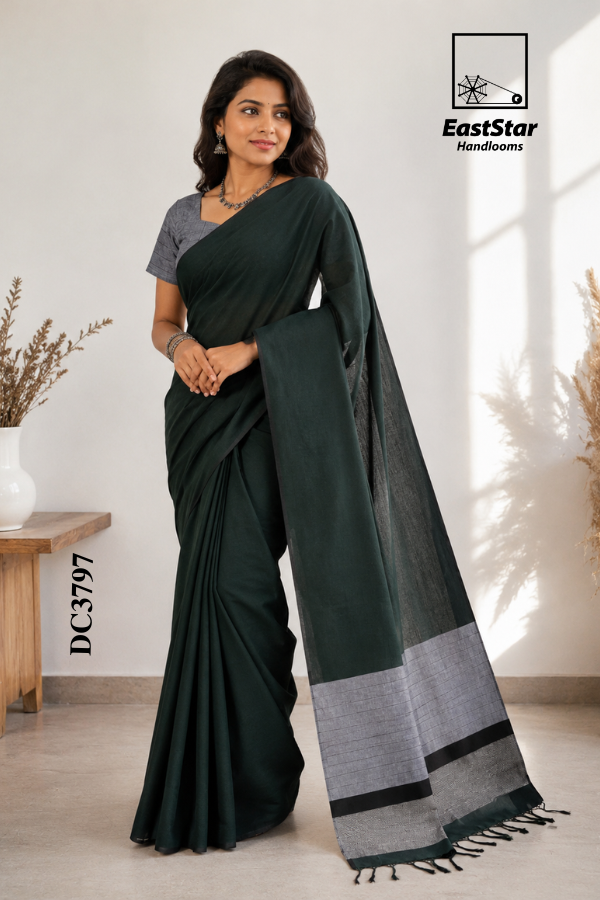 Deep Forest Green Handloom Cotton Saree DC3797 Deep Forest Green Handloom Cotton Saree DC3797