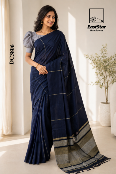 Navy Blue Handloom Cotton Saree DC3806