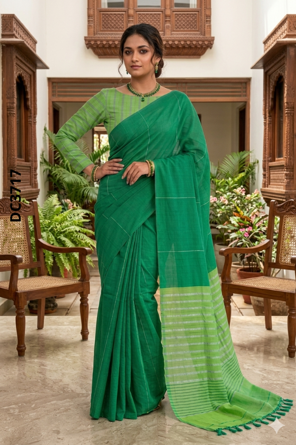 Green Handloom cotton Saree DC3717 Green Handloom cotton Saree DC3717