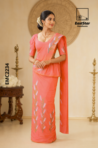 Coral Peach Embroidery cotton Saree EMC2234