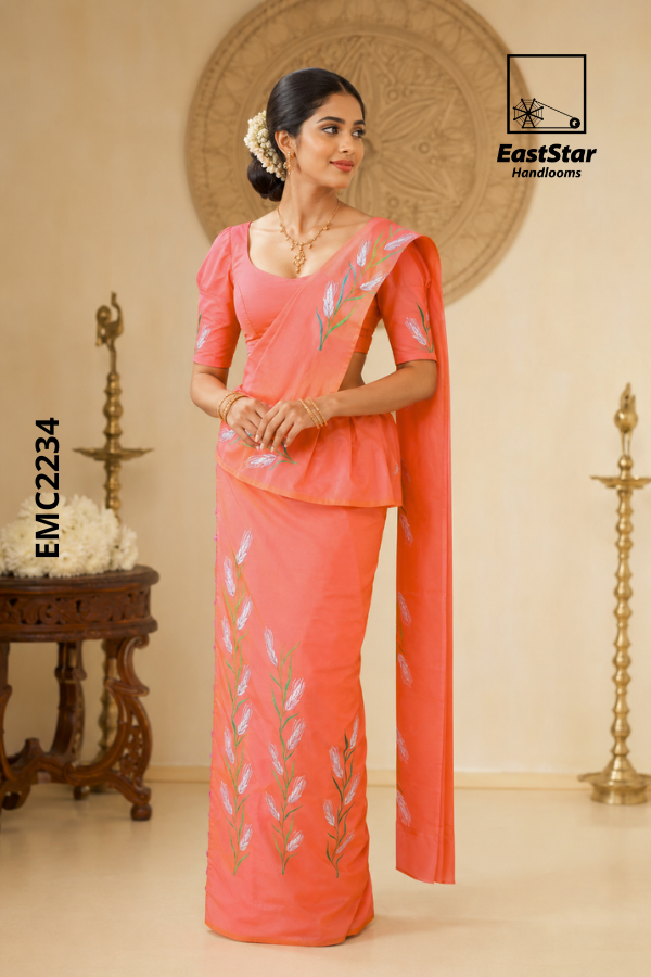 Coral Peach Embroidery cotton Saree EMC2234