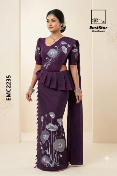 Deep Plum Purple Embroidery cotton Saree EMC2235