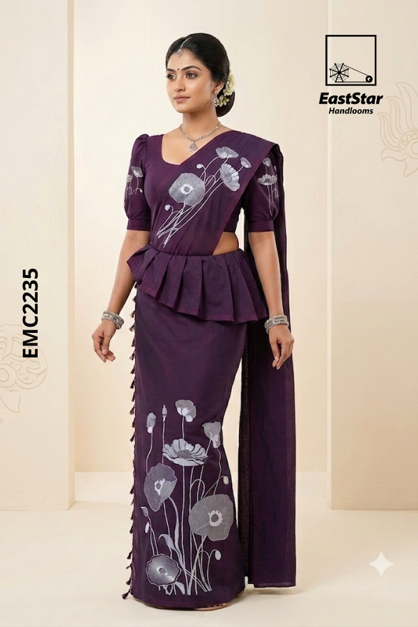 Deep Plum Purple Embroidery cotton Saree EMC2235 Deep Plum Purple Embroidery cotton Saree EMC2235