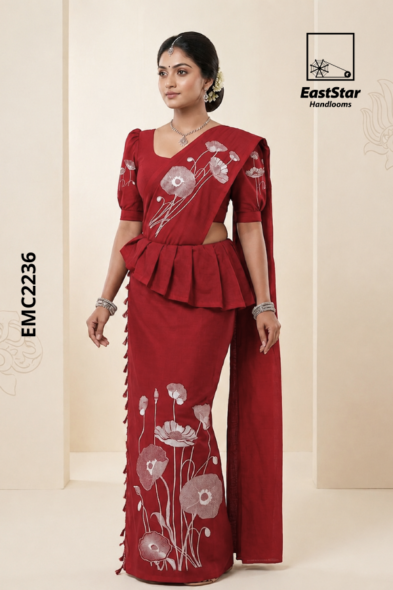 Red  Embroidery Cotton Saree EMC2236