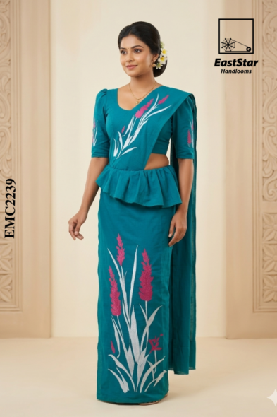 Teal Blue  Embroidery Cotton Saree EMC2239