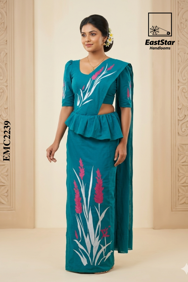 Teal Blue Embroidery Cotton Saree EMC2239 Teal Blue Embroidery Cotton Saree EMC2239