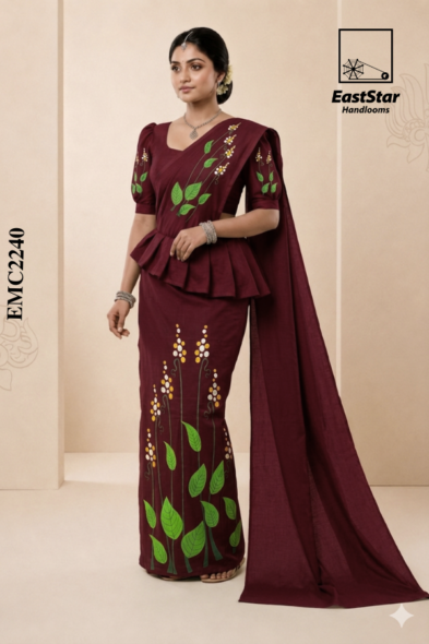 Marron  Embroidery Cotton Saree EMC2240