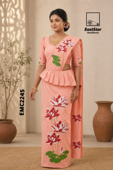 Peach Pink Embroidery Cotton Saree EMC2245